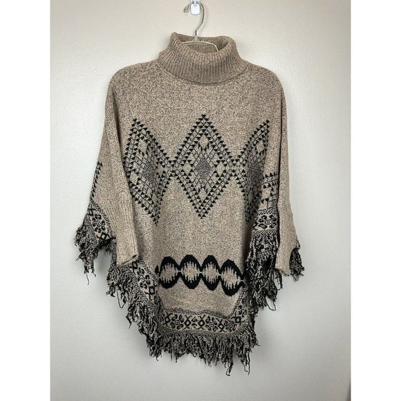 AZ Cape Poncho With Sleeves Tan With Boho Aztec Design - Picture 10 of 13